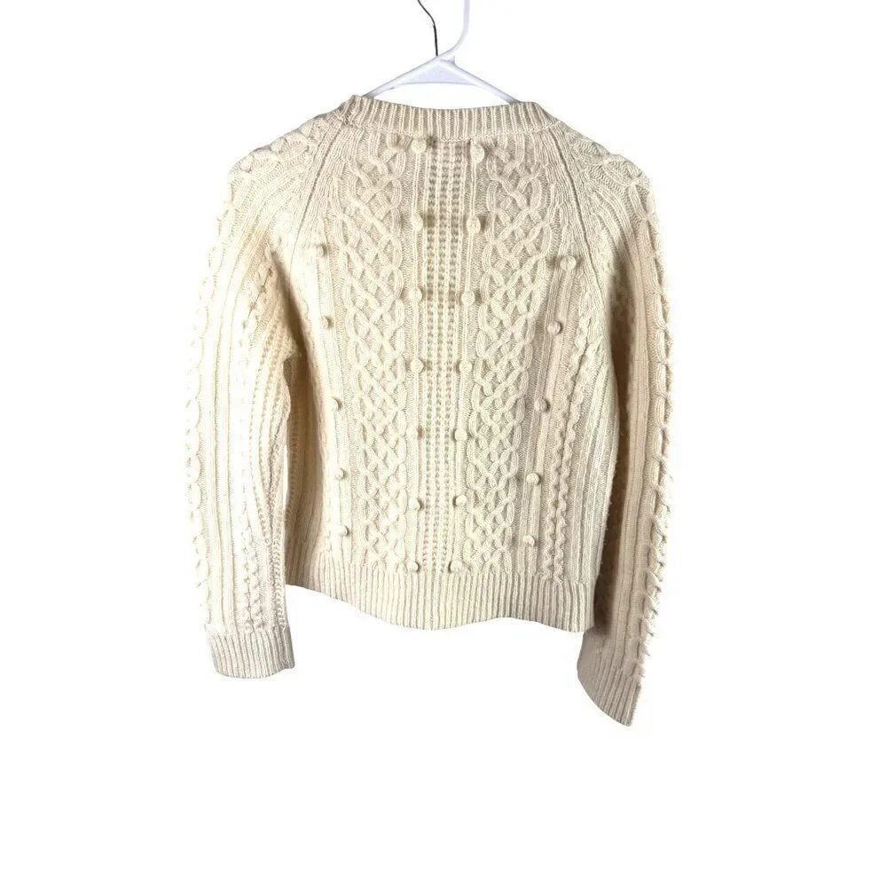 J.Crew Womens Cable-Knit Lambswool Pom-Pom Sweater Ivory Size S Cozy EUC